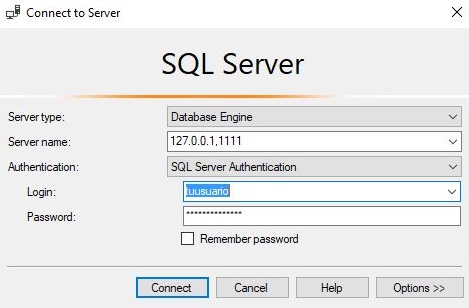 Introduce usuario y contraseña para conectarte a una base de datos MSSQL por SSH