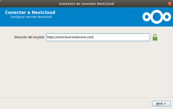 Introduce la dirección del servidor Nextcloud en Ubuntu