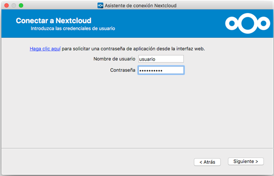 Indicar contraseña y usuario para conectar el servidor Nextcloud en macOS