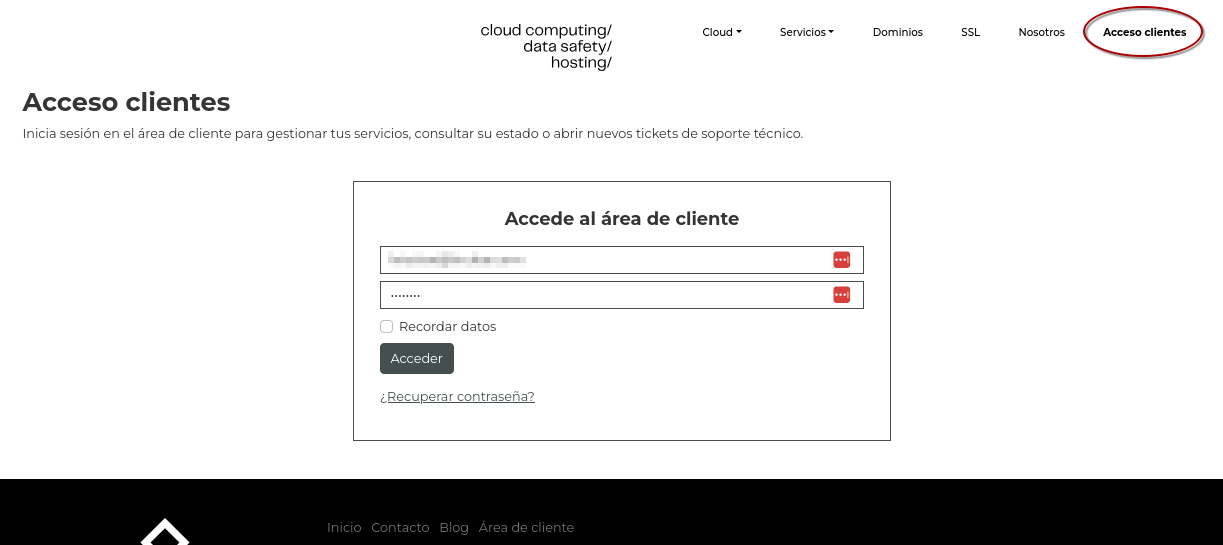 Acceso al área de cliente
