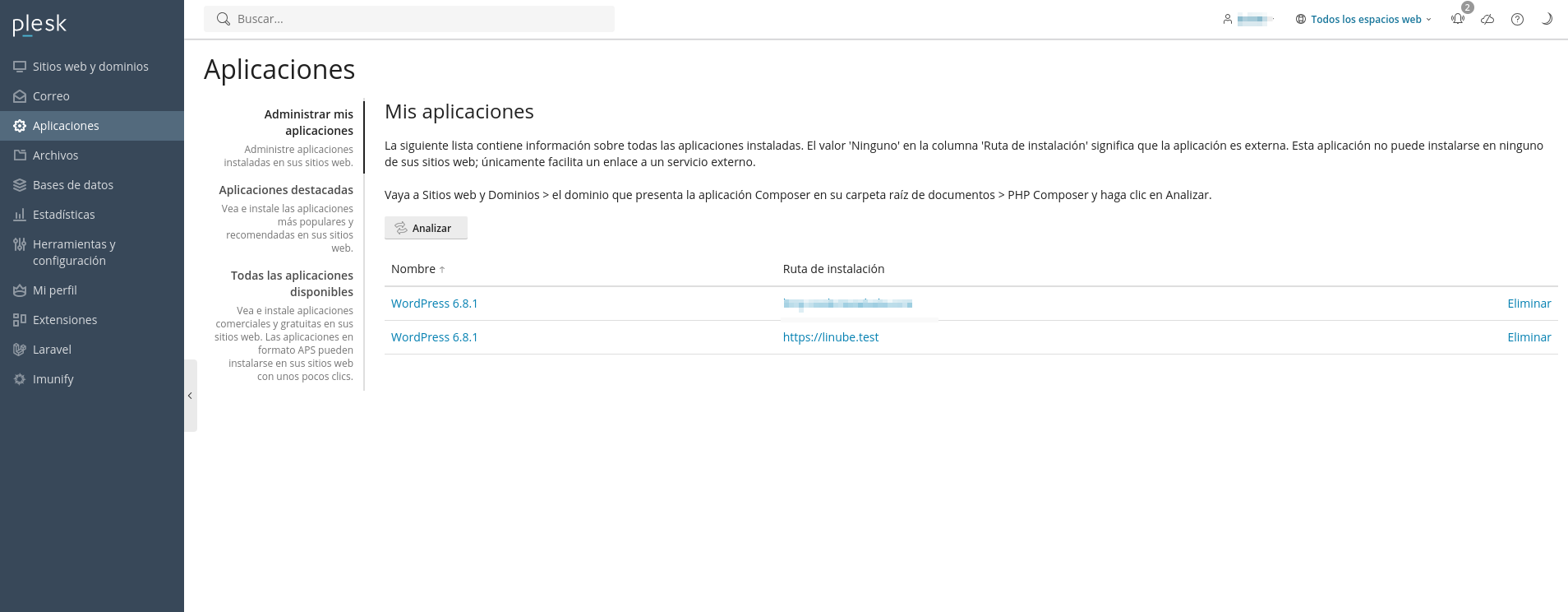 Instalar una aplicación desde Plesk 1