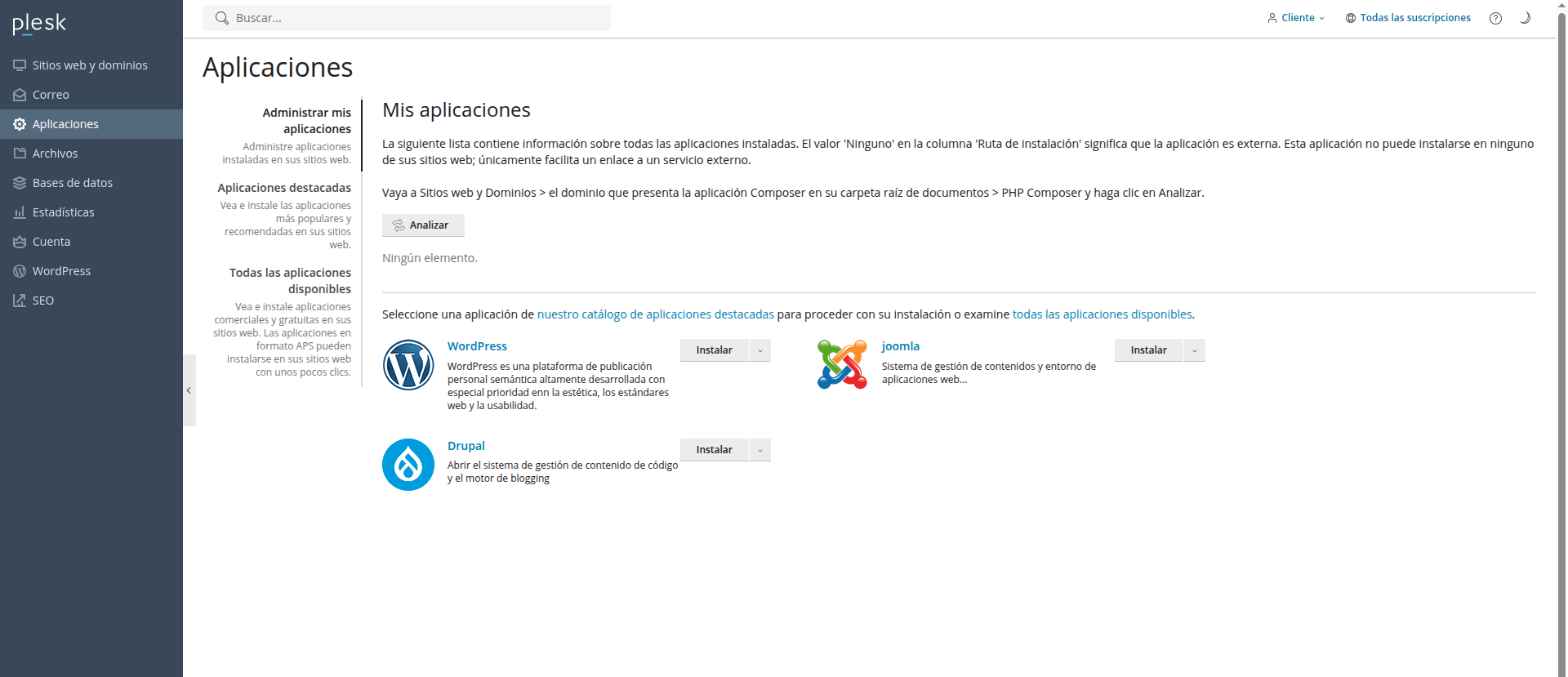 Instalar una aplicación desde Plesk 1