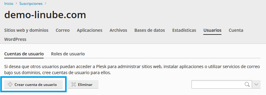 Indica la información para el nuevo usuario de Plesk