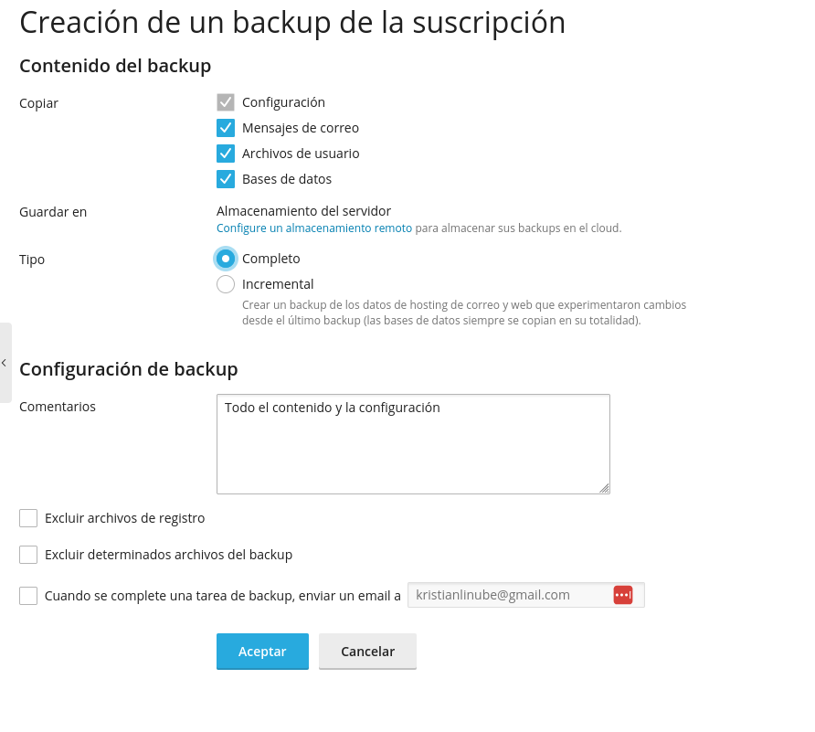 Cómo crear un backup manual desde Plesk