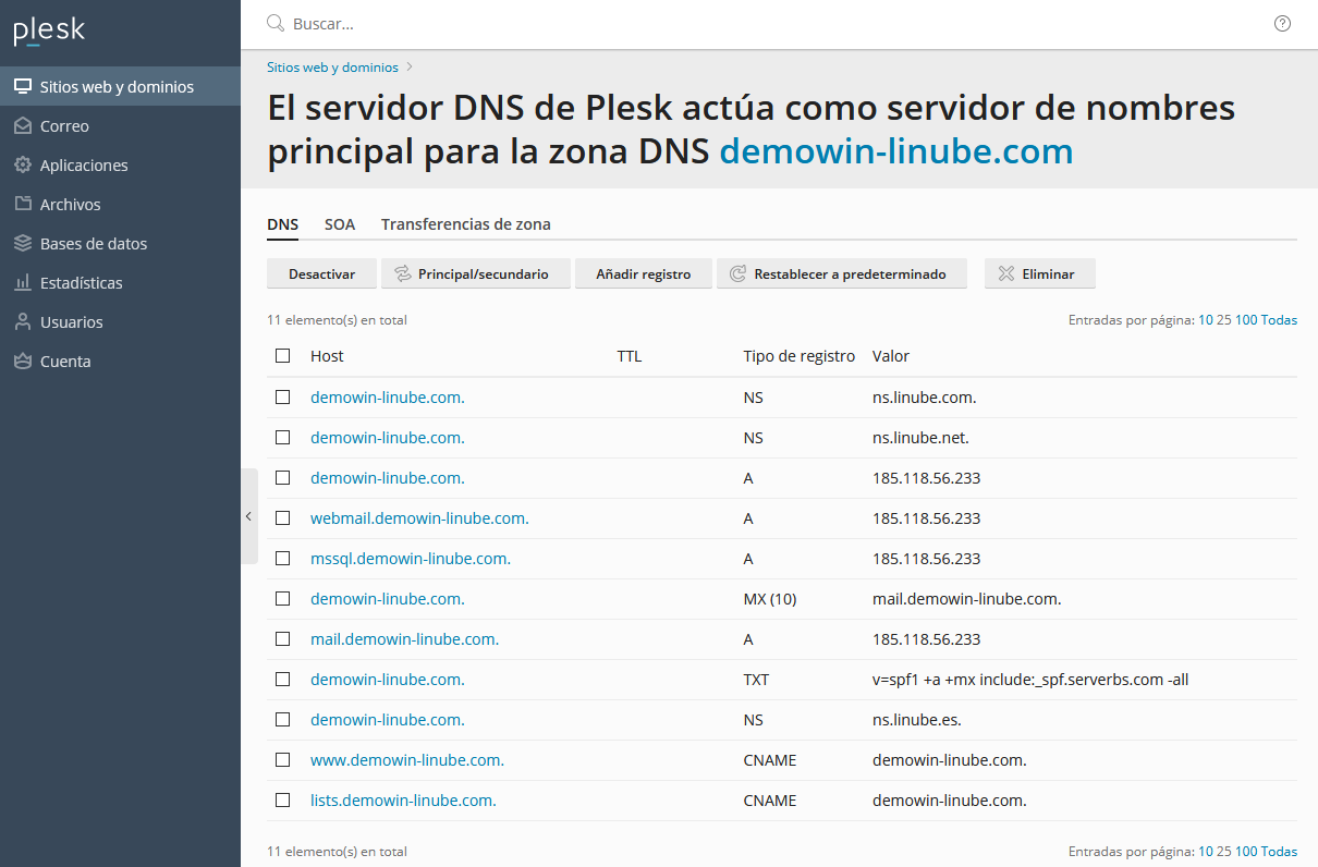 Activa o desactiva registros DNS desde Plesk.