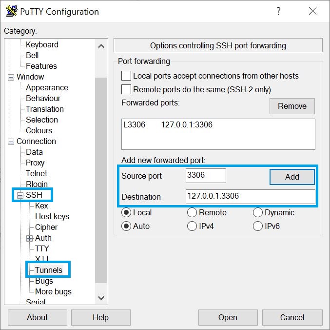 Configuración de PuTTY para conectarse por SSH.