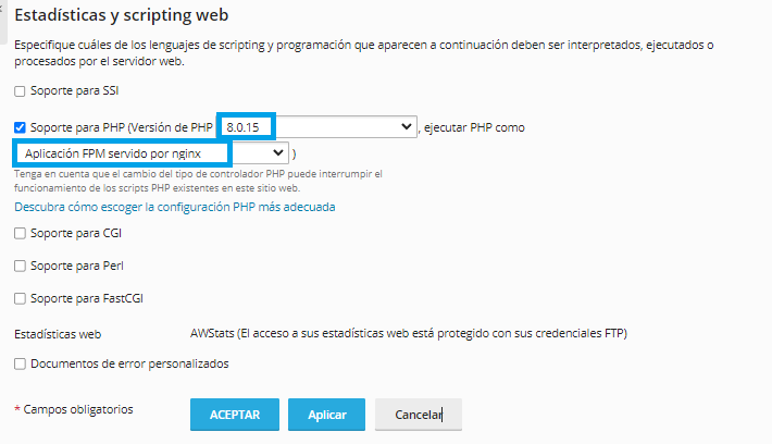 activa las opciones de Nginx para optimizar WordPress en Plesk