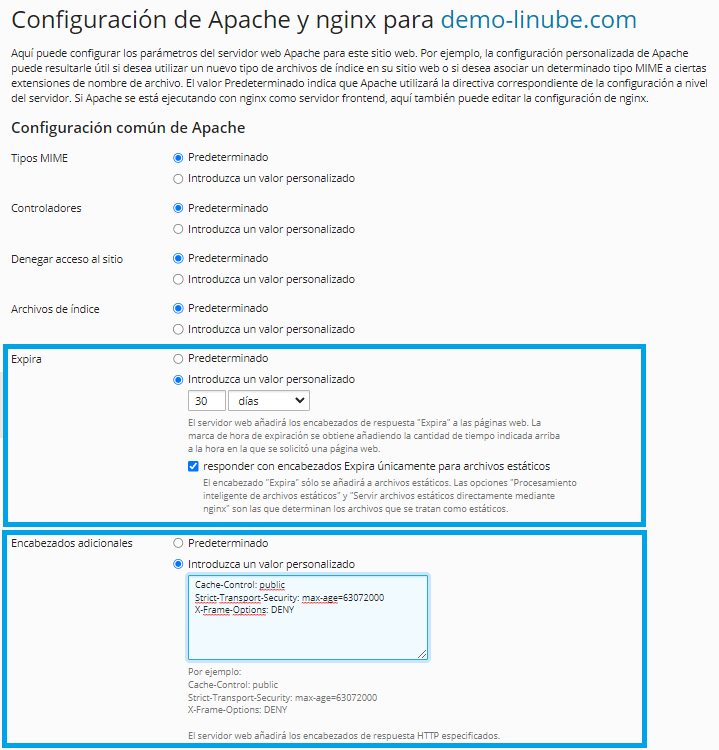 Indica la configuración para Apache en Plesk