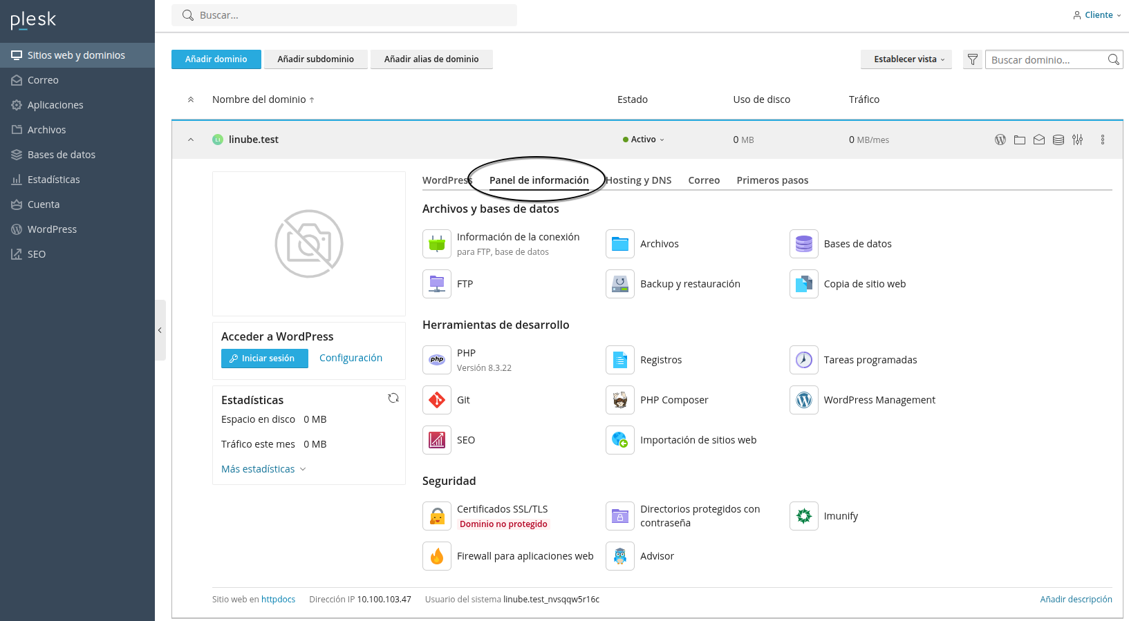 Cambia la configuración del hosting para optimizar WordPress es Plesk.