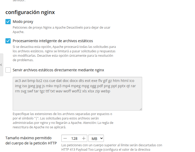 Habilita el modo proxy en Plesk