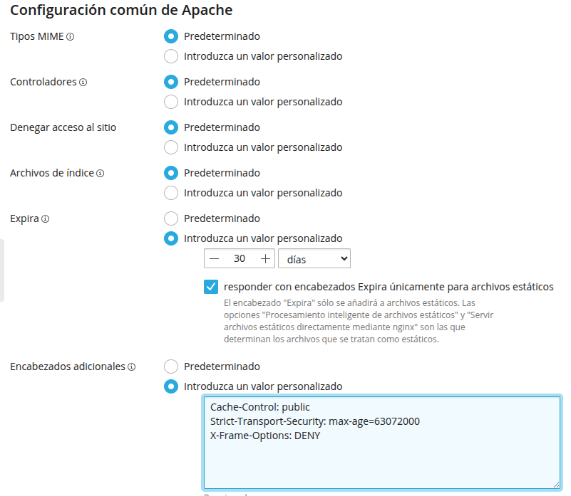 Indica la configuración para Apache en Plesk