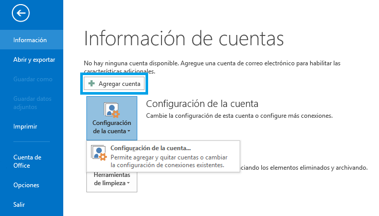 Configuración de cuenta en Outlook 2013