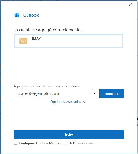 Finalizar el proceso de configuración de una cuenta en Outlook 2019