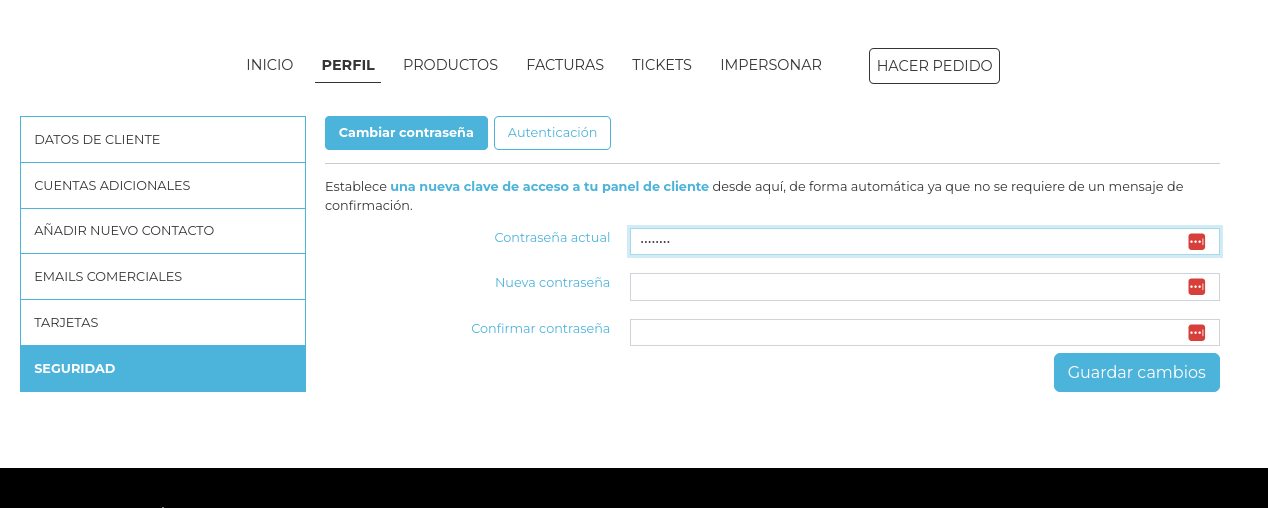 Cambiar contraseña desde área cliente
