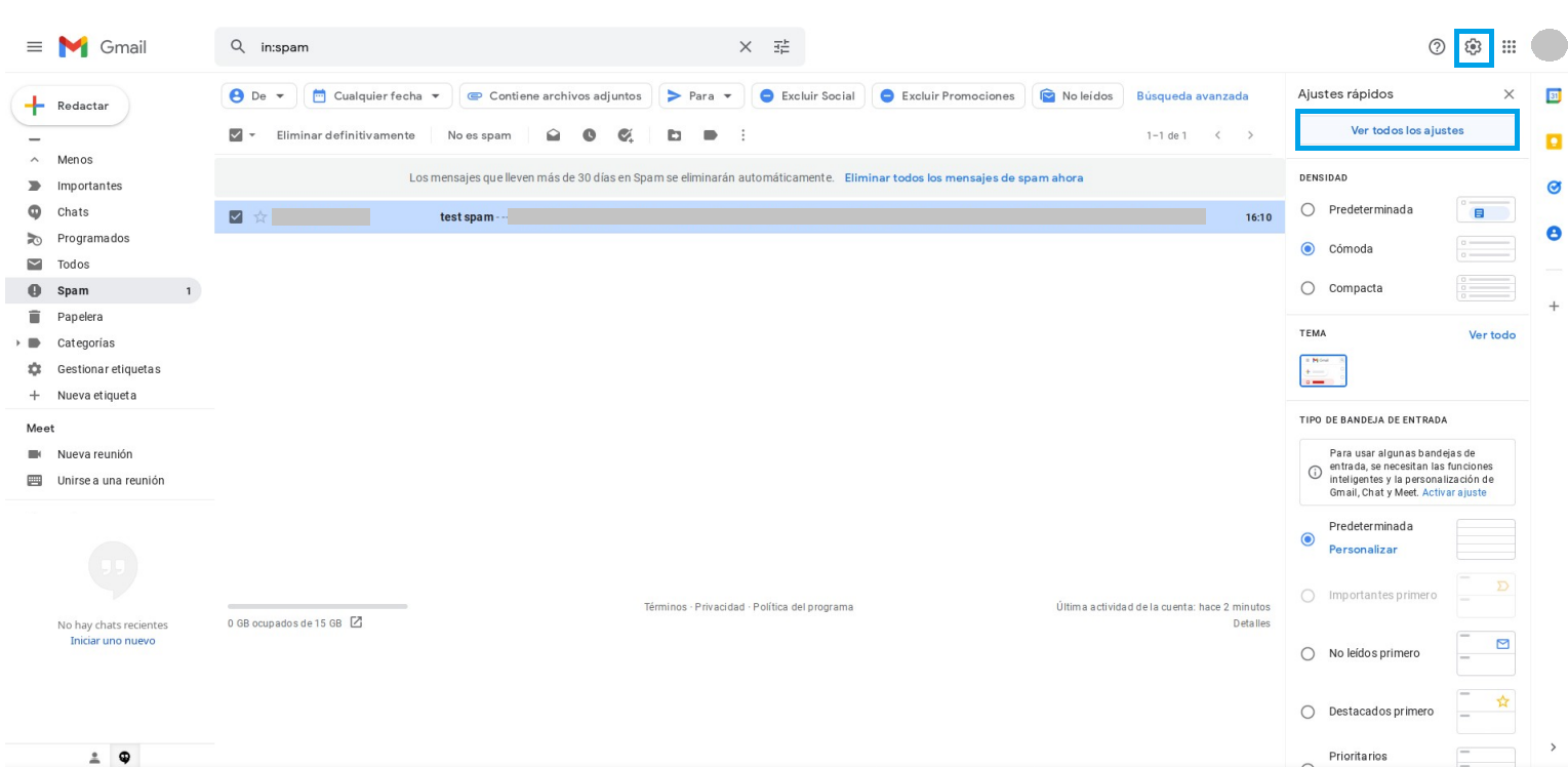 Modificar los ajustes de Gmail para crear un filtro antispam
