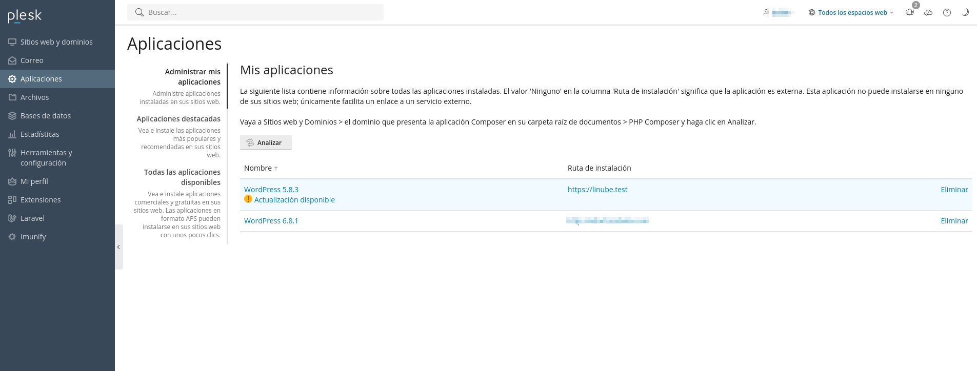 Actualizaciones de aplicaciones desde Plesk