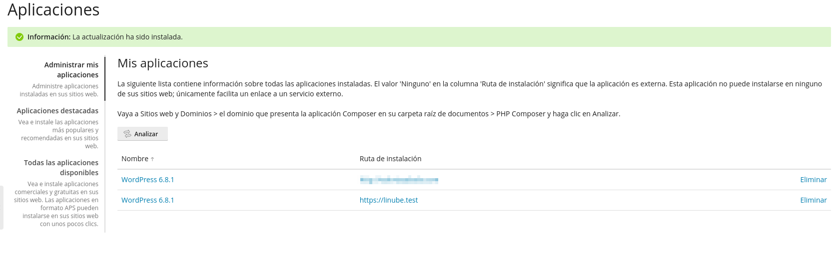 Actualizaciones de aplicaciones desde Plesk
