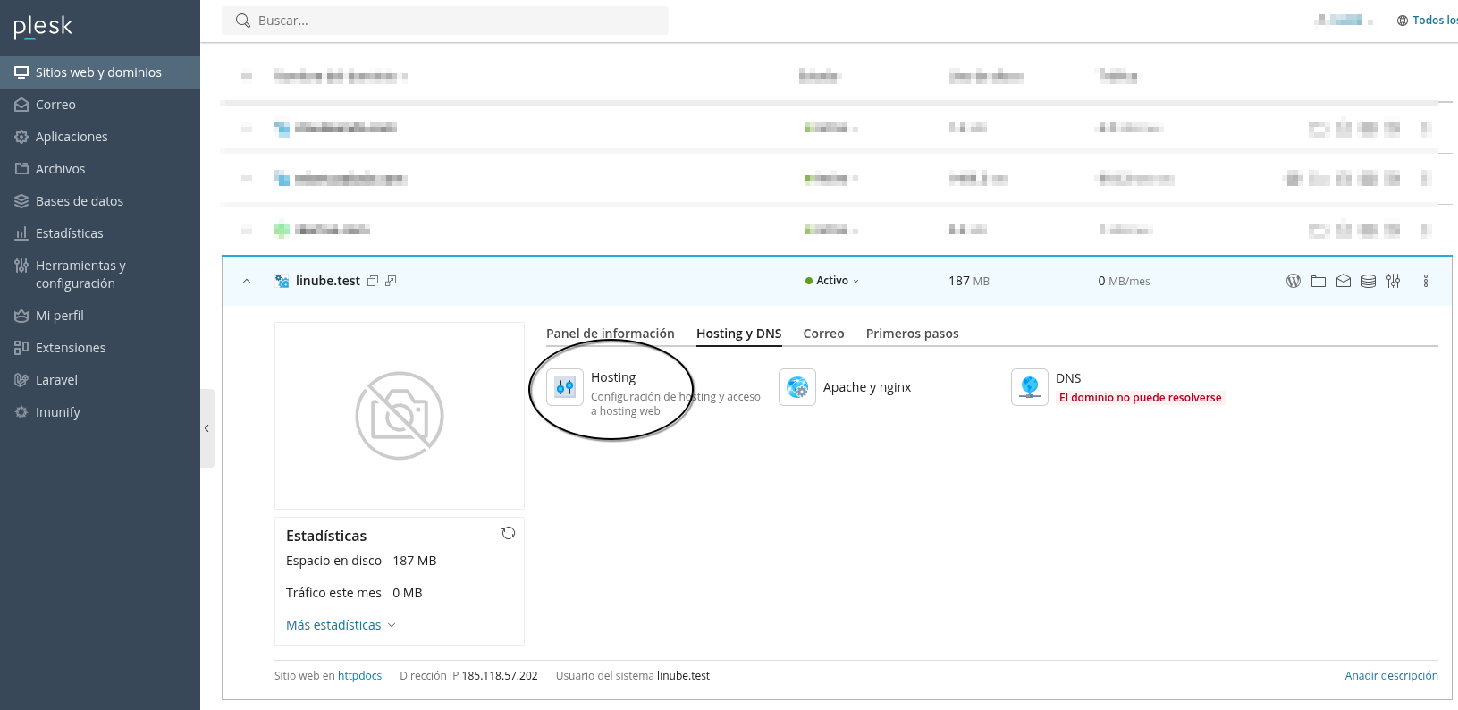 Activa el usuario de SSH desde Plesk